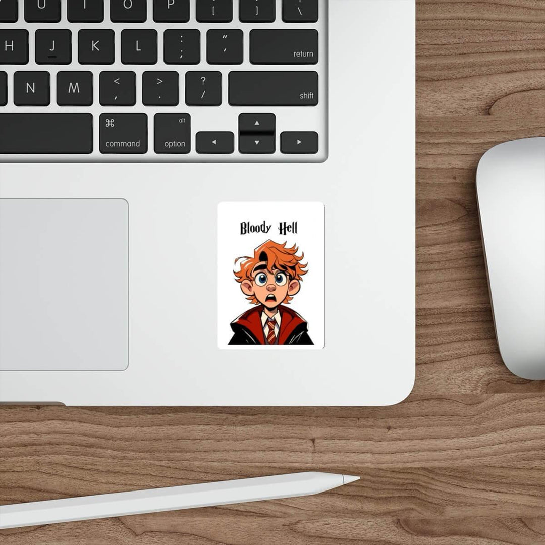 Waterproof sticker featuring a surprised red-headed character in a school uniform with the phrase 'Bloody Hell!' Great for fans of British humor and iconic magical references, perfect for adding personality to laptops, water bottles, or notebooks - Baby Keo