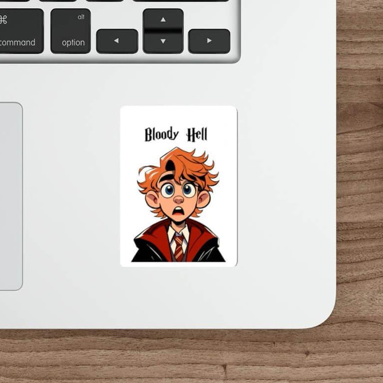 Waterproof sticker featuring a surprised red-headed character in a school uniform with the phrase 'Bloody Hell!' Great for fans of British humor and iconic magical references, perfect for adding personality to laptops, water bottles, or notebooks - KEOLIX 