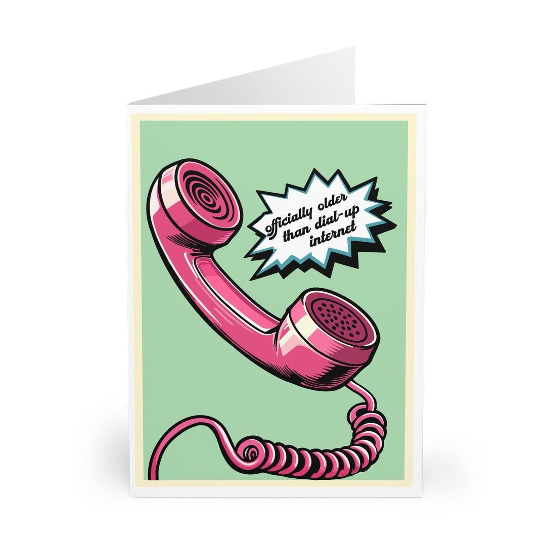 Humorous birthday card featuring a retro phone and the phrase 'Officially Older Than Dial-Up Internet.' A funny way to poke fun at age - Baby Keo.