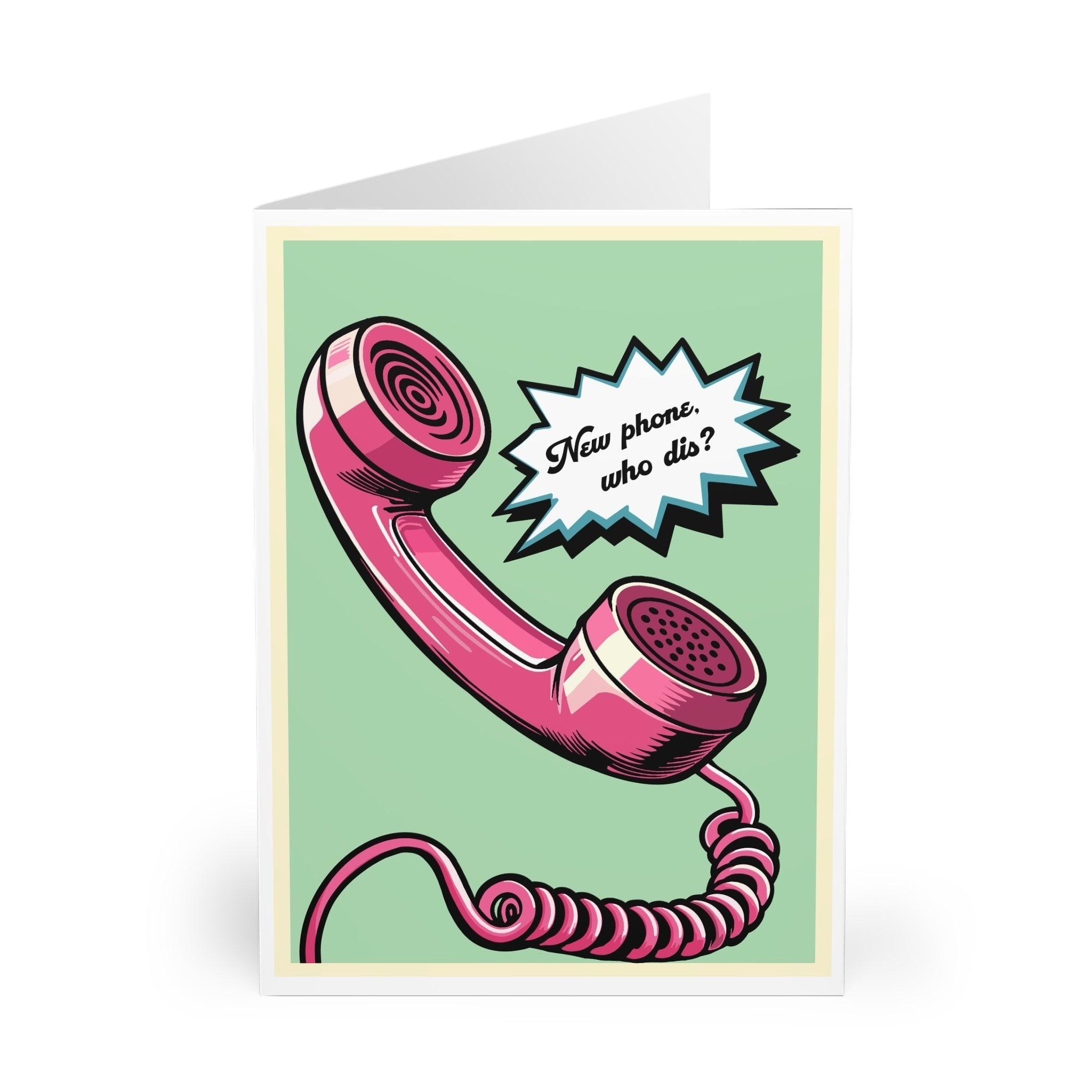 Funny card featuring a retro-style phone with the phrase 'New Phone, Who Dis?' A quirky, humorous card for friends or family - Baby Keo