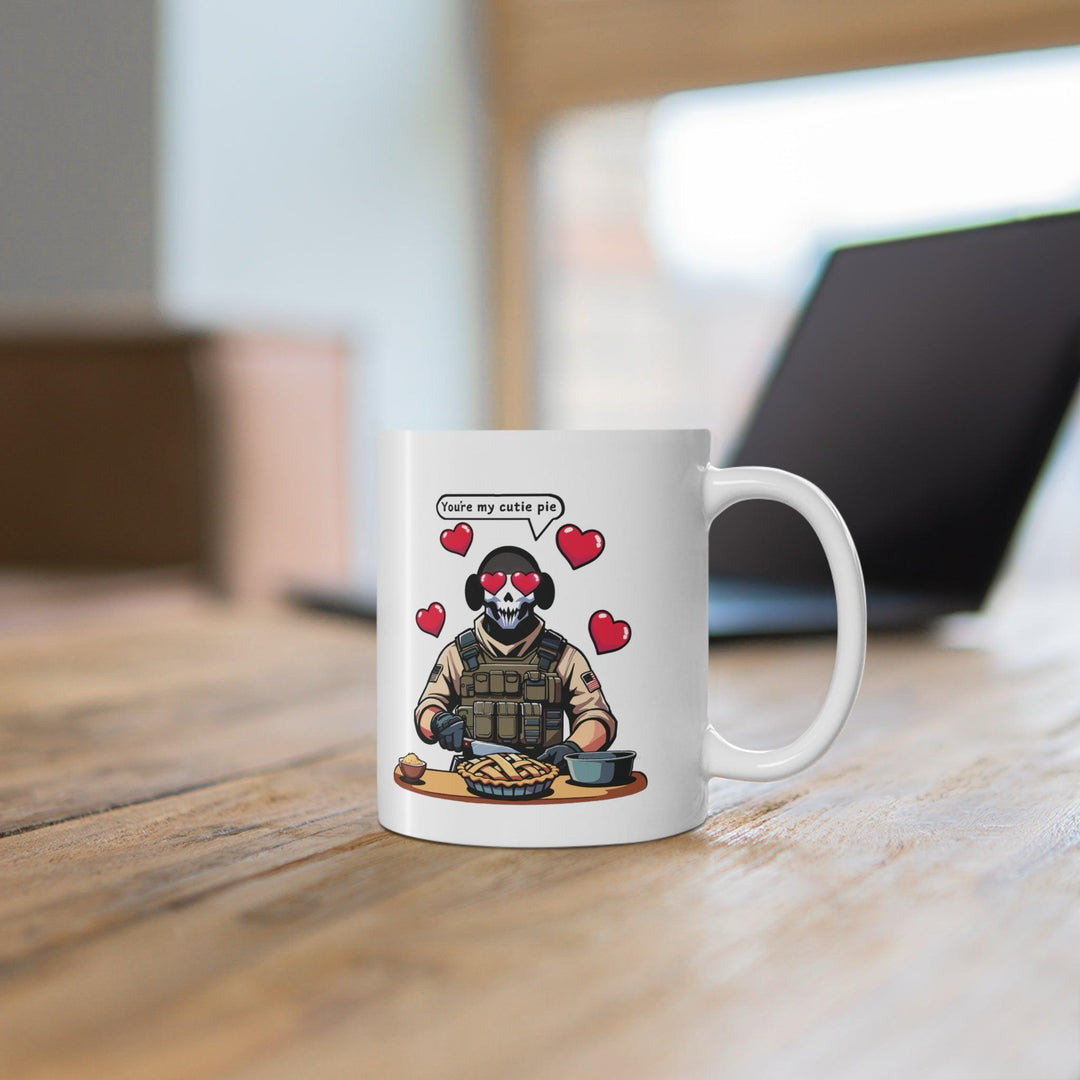 'You're My Cutie Pie' Mug - "Adorable white ceramic mug featuring a cute pie character and the phrase 'You're My Cutie Pie,' perfect for showing affection in a playful way."
