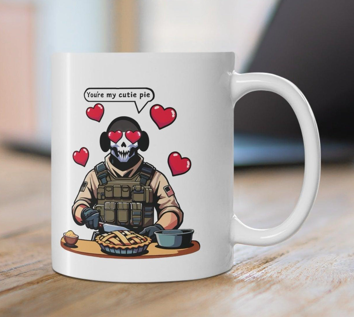 'You're My Cutie Pie' Mug - "Adorable white ceramic mug featuring a cute pie character and the phrase 'You're My Cutie Pie,' perfect for showing affection in a playful way."