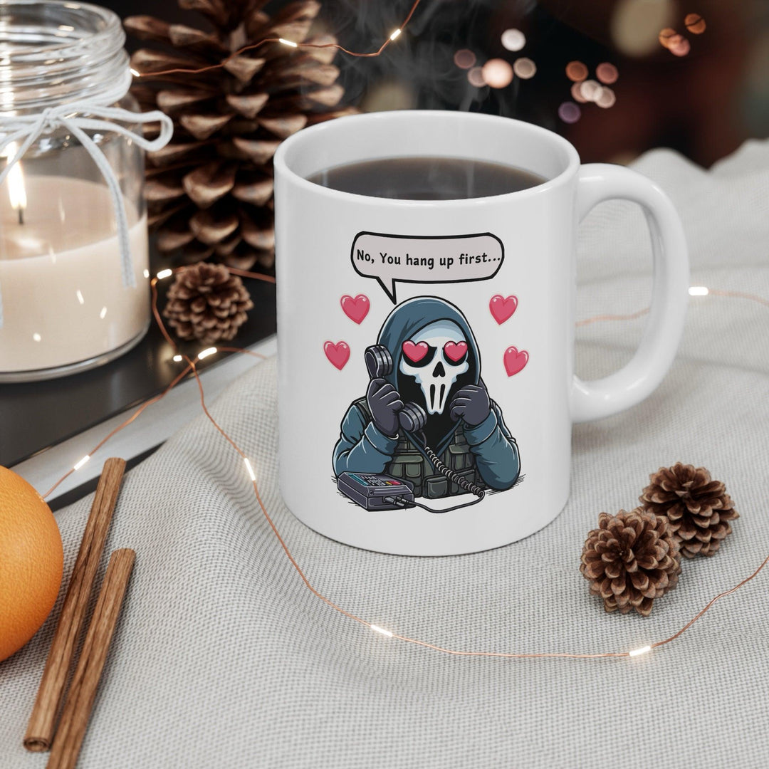 White ceramic mug featuring a cute cartoon couple in a sweet exchange with the phrase &