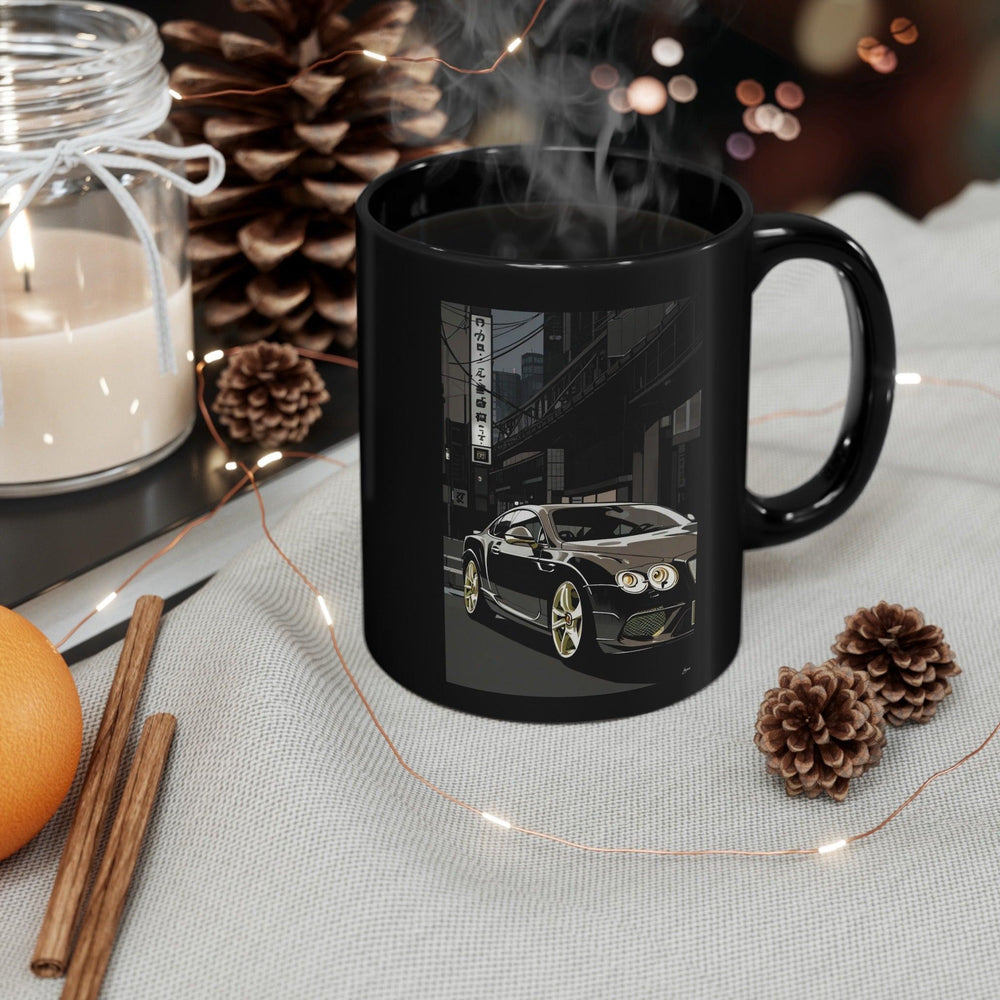 Sophisticated black ceramic mug with a car design that changes when heated, adding an element of surprise and luxury to your drinkware