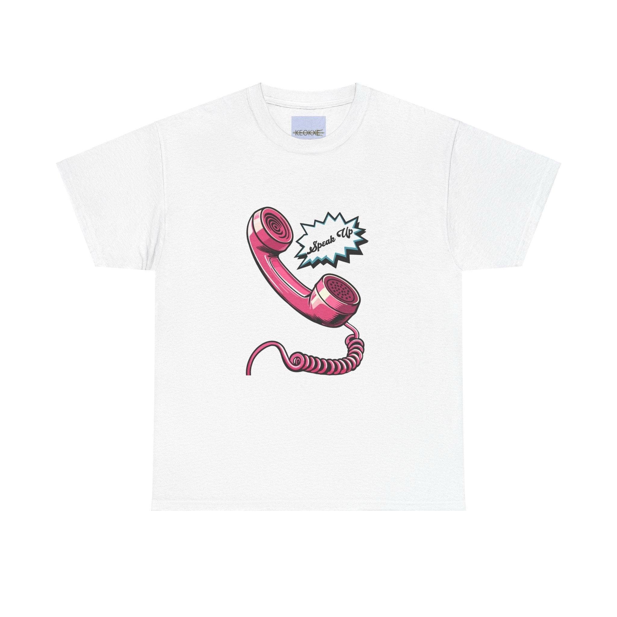 White T-shirt featuring a vintage rotary phone with a cord and the phrase 'Speak Up.' A retro-inspired design, perfect for those who love nostalgic aesthetics with a powerful message