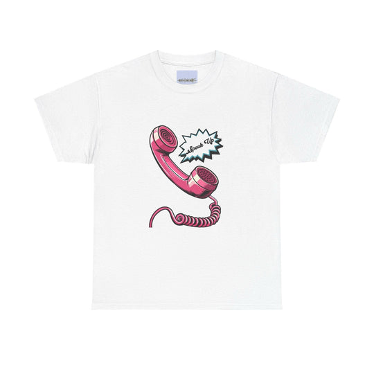 White T-shirt featuring a vintage rotary phone with a cord and the phrase 'Speak Up.' A retro-inspired design, perfect for those who love nostalgic aesthetics with a powerful message