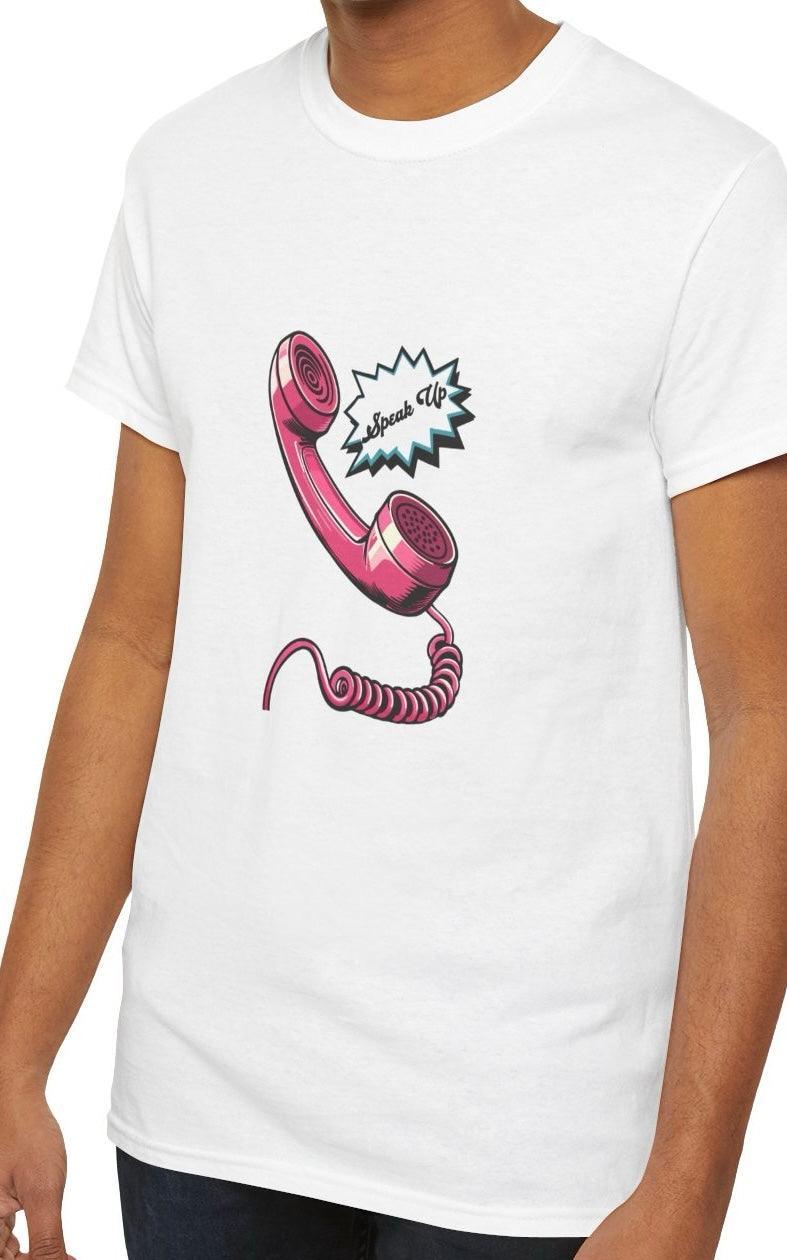 White T-shirt featuring a vintage rotary phone with a cord and the phrase 'Speak Up.' A retro-inspired design, perfect for those who love nostalgic aesthetics with a powerful message