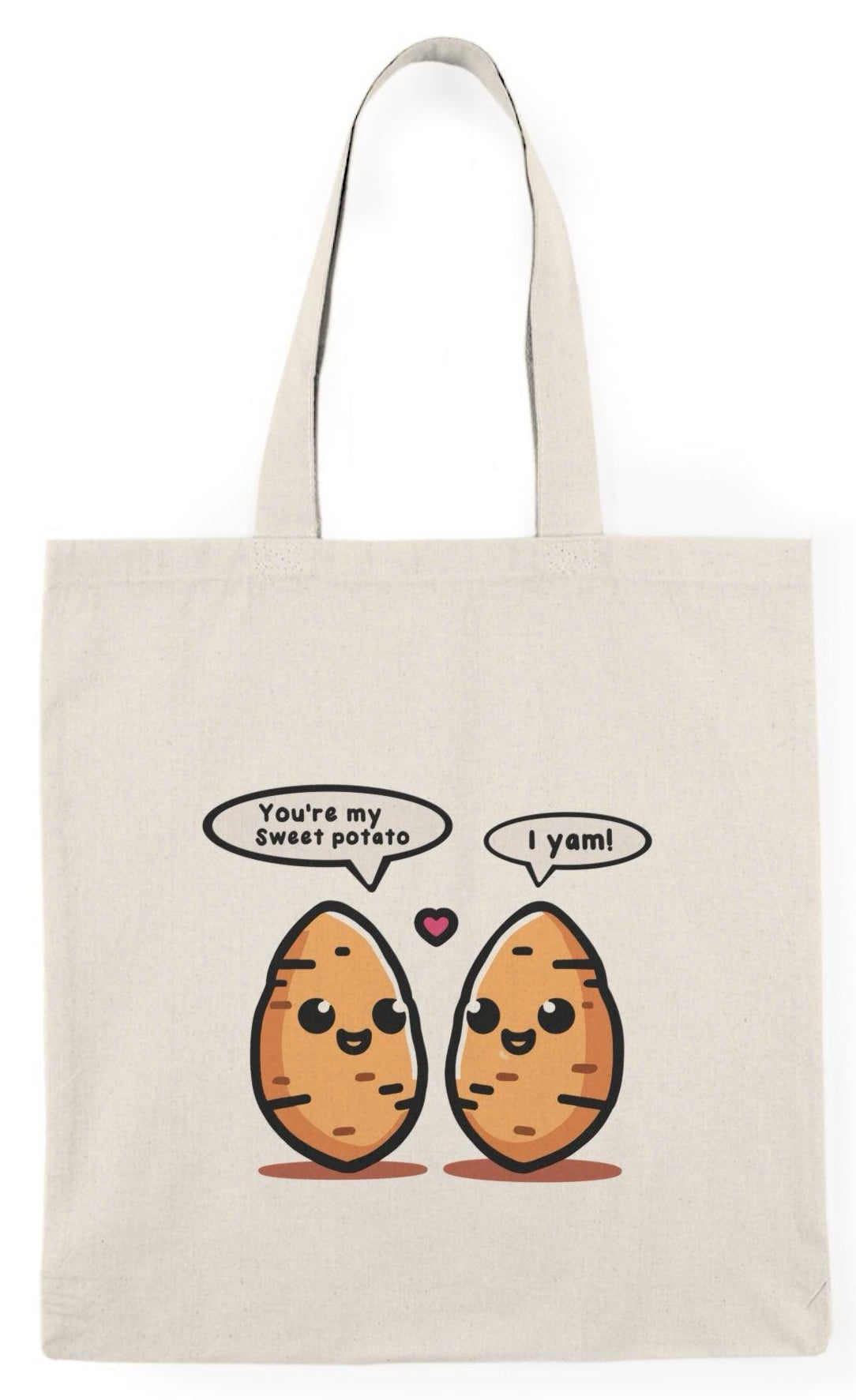 A cream-colored tote bag featuring a whimsical illustration of two sweet potatoes with smiling faces. The cute design adds a playful touch to this bag, appealing to food enthusiasts and anyone who enjoys a bit of fun in their accessories  KEOLIX