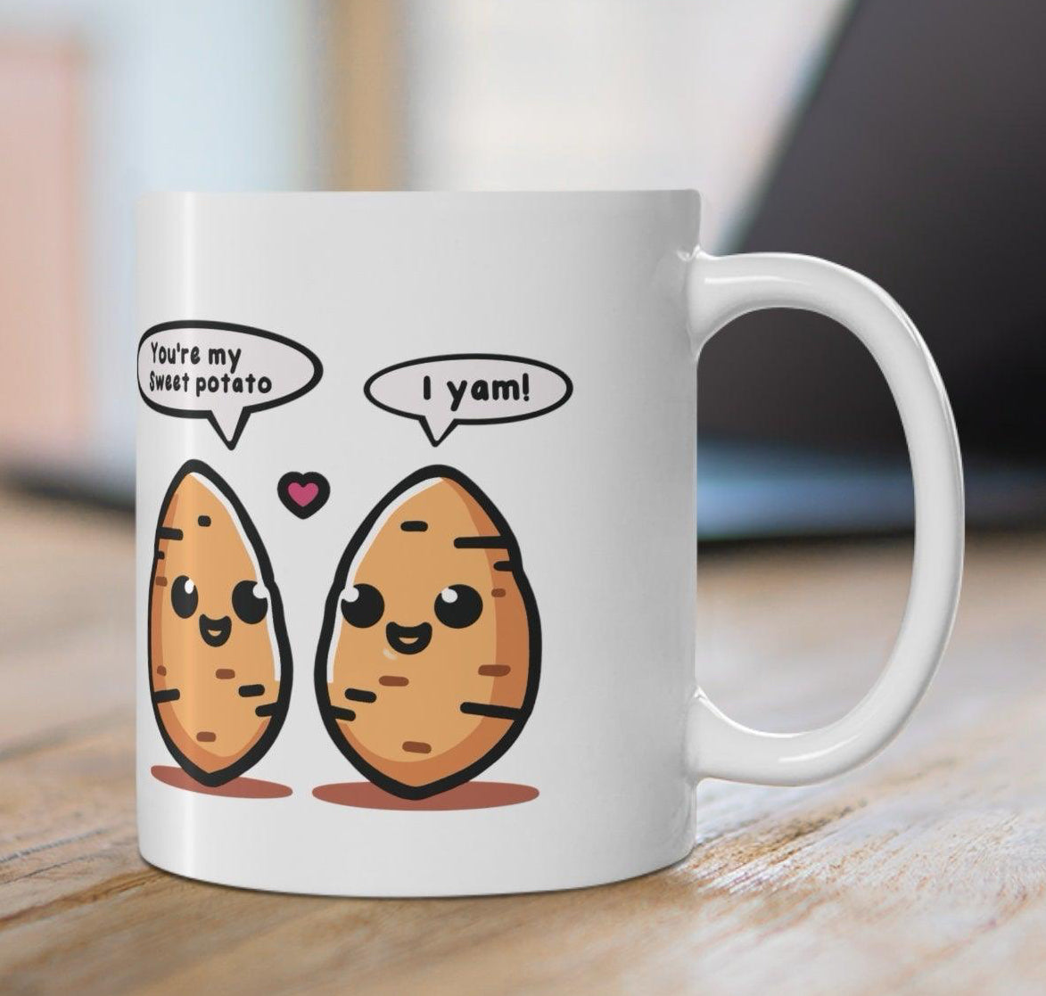 Fun white ceramic mug with two cartoon yams and a pun-filled text bubble, perfect for fans of playful and food-themed designs. KEOLIX 