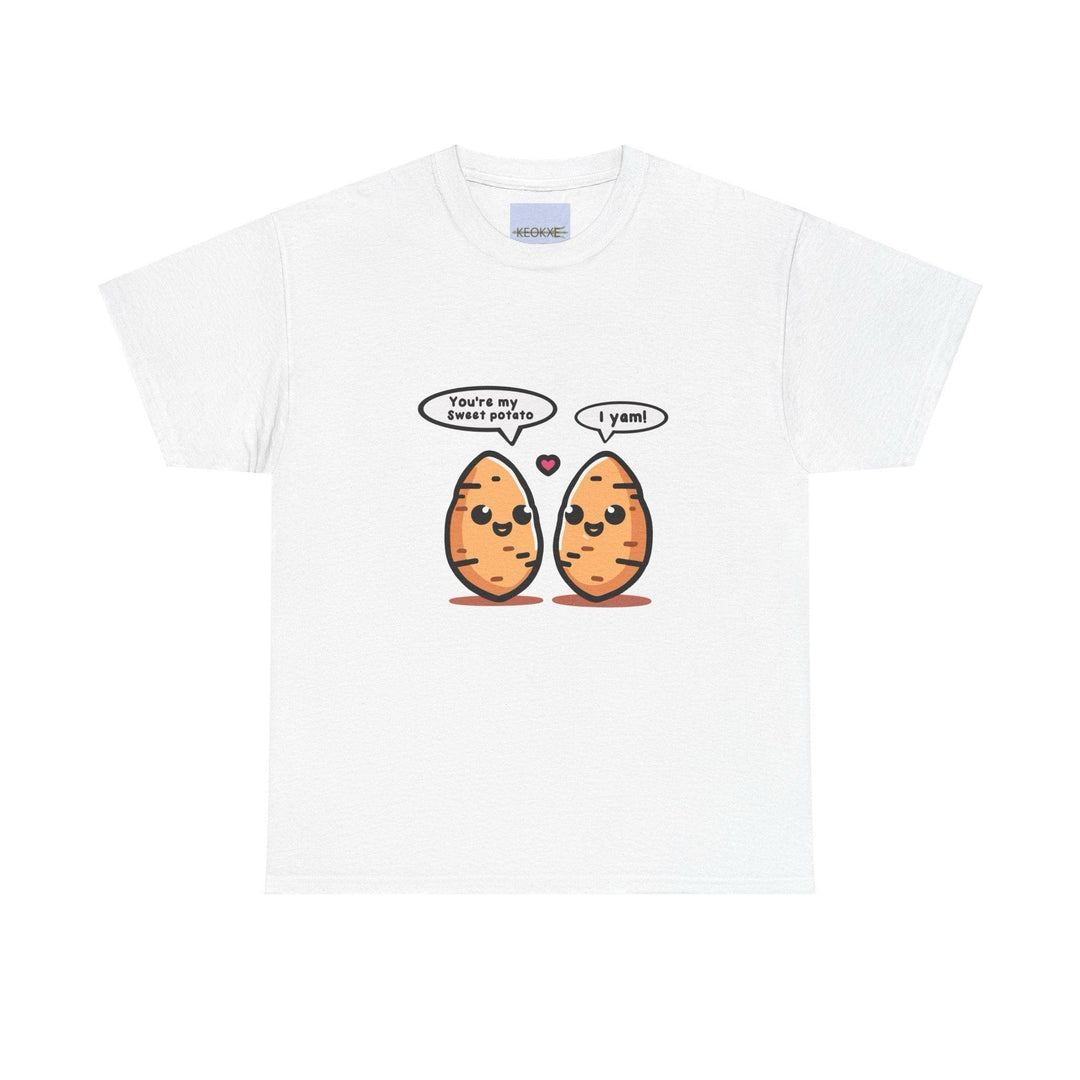 White T-shirt featuring two cartoon sweet potatoes holding hands with the phrase 'You're My Sweet Potato.' A cute and wholesome design for expressing love with a twist of humor.