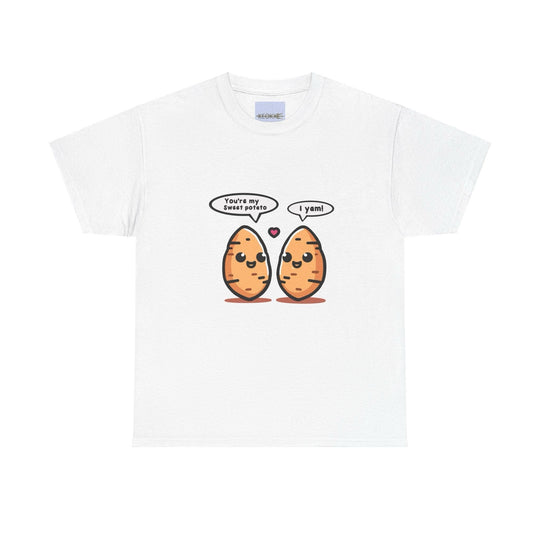 White T-shirt featuring two cartoon sweet potatoes holding hands with the phrase 'You're My Sweet Potato.' A cute and wholesome design for expressing love with a twist of humor.