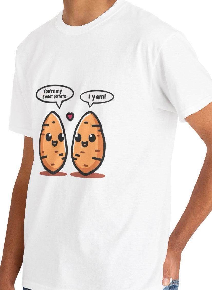 White T-shirt featuring two cartoon sweet potatoes holding hands with the phrase 'You're My Sweet Potato.' A cute and wholesome design for expressing love with a twist of humor.