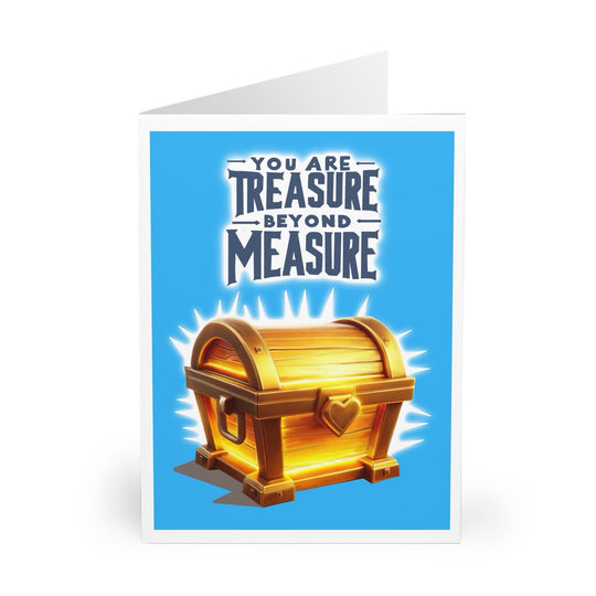 Bold, treasure-themed card with a treasure chest illustration and the phrase &