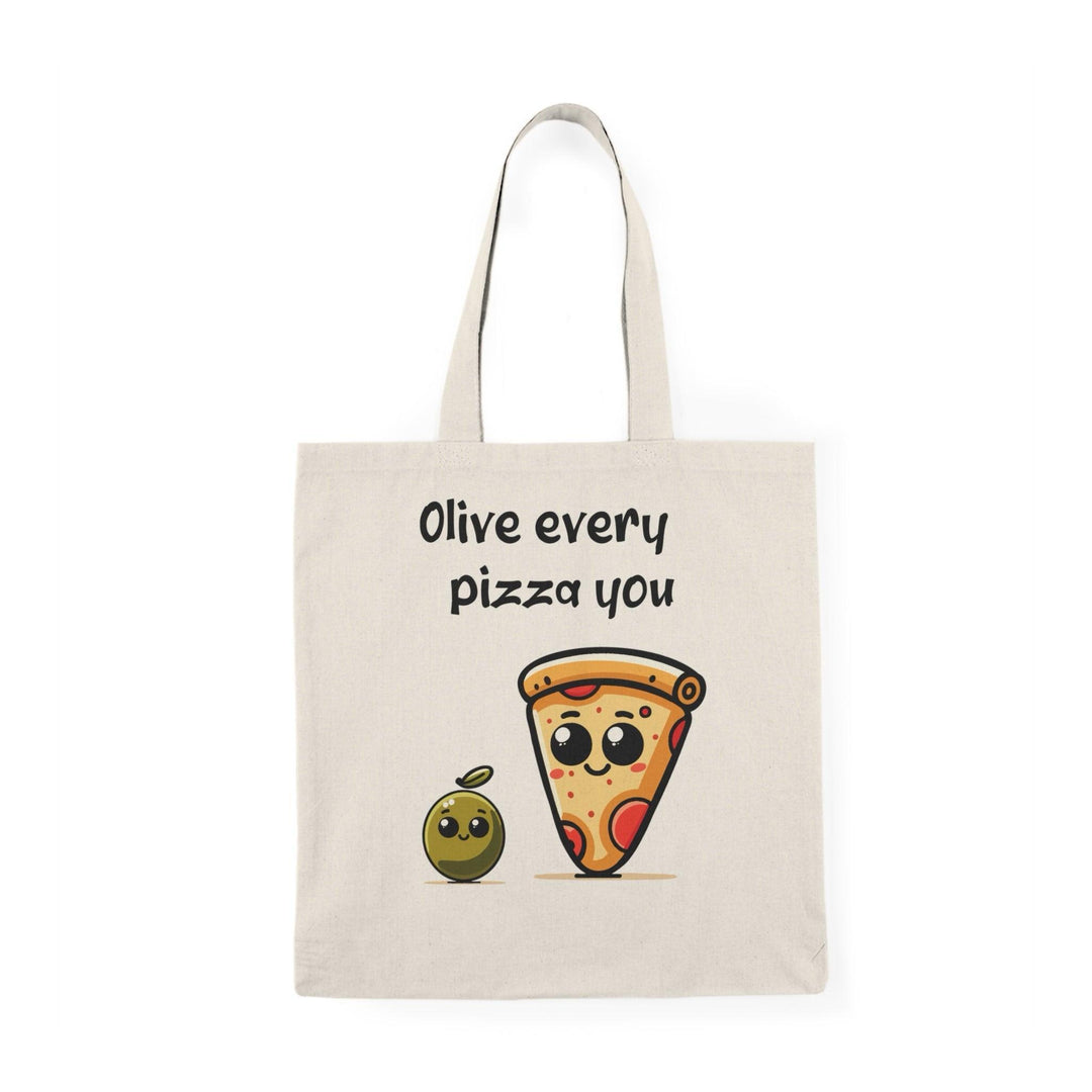 A natural tote bag adorned with a charming graphic of an olive character alongside a slice of pizza and the text 'Olive every pizza you.' The punny design adds a delightful touch to this bag, making it a fun choice for pizza lovers and food enthusiasts