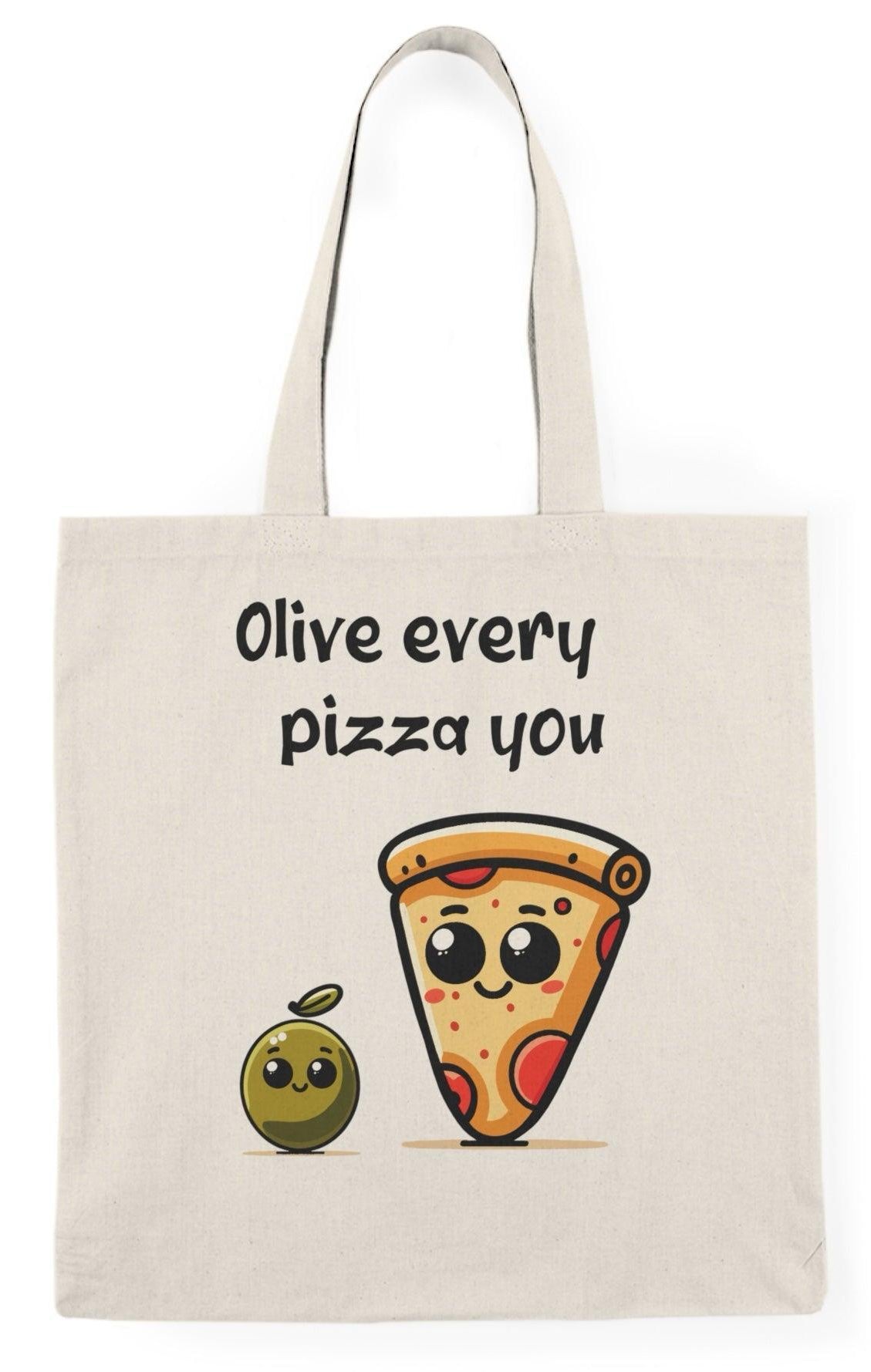 A natural tote bag adorned with a charming graphic of an olive character alongside a slice of pizza and the text 'Olive every pizza you.' The punny design adds a delightful touch to this bag, making it a fun choice for pizza lovers and food enthusiasts