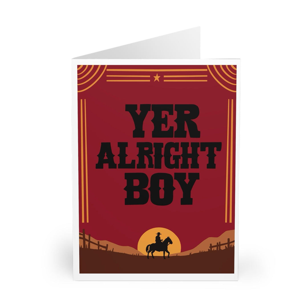 Rustic-themed card with the phrase 'Yer Alright Boy' in bold red and brown tones. A simple, charming card to show appreciation for someone special - Baby Keo.