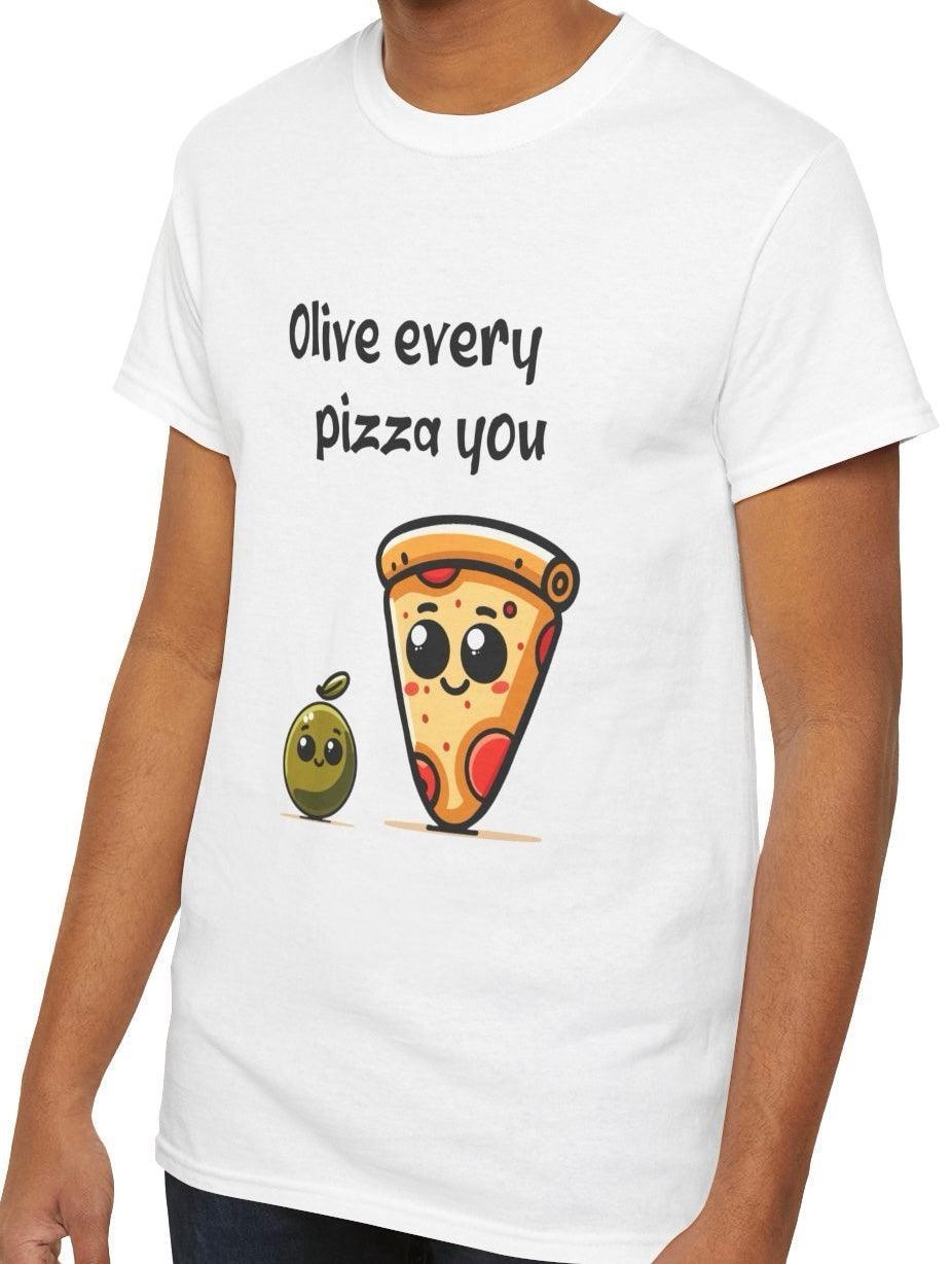White T-shirt featuring a cartoon slice of pizza and an olive character with the pun 'Olive Every Pizza You.' A light-hearted design for food lovers and fans of wordplay.