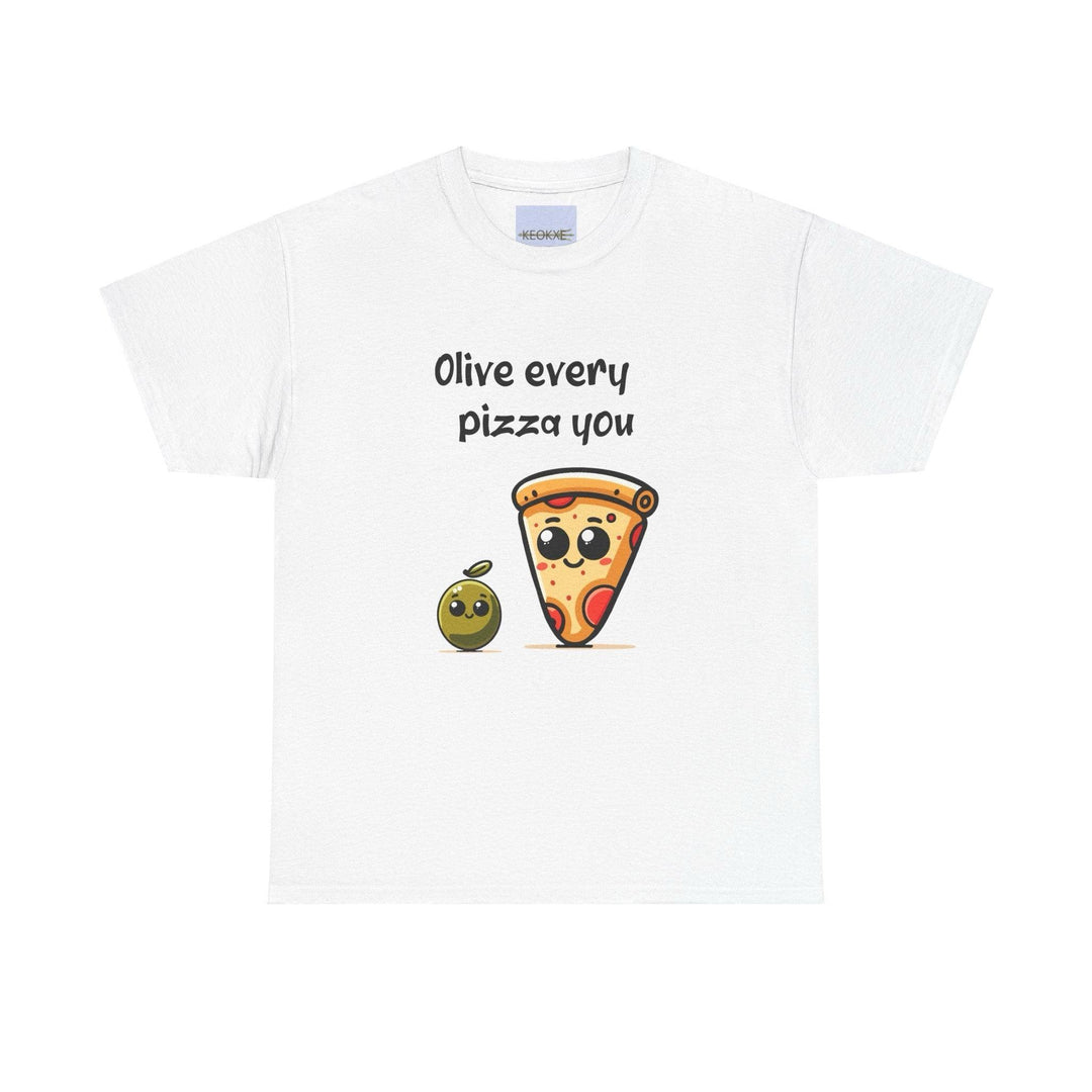 White T-shirt featuring a cartoon slice of pizza and an olive character with the pun 'Olive Every Pizza You.' A light-hearted design for food lovers and fans of wordplay.