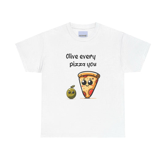 White T-shirt featuring a cartoon slice of pizza and an olive character with the pun 'Olive Every Pizza You.' A light-hearted design for food lovers and fans of wordplay.