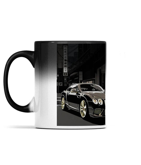 Sophisticated black ceramic mug with a car design that changes when heated, adding an element of surprise and luxury to your drinkware