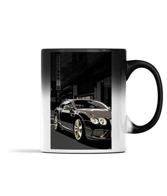 Sophisticated black ceramic mug with a car design that changes when heated, adding an element of surprise and luxury to your drinkware