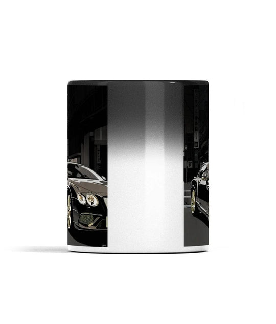Sophisticated black ceramic mug with a car design that changes when heated, adding an element of surprise and luxury to your drinkware