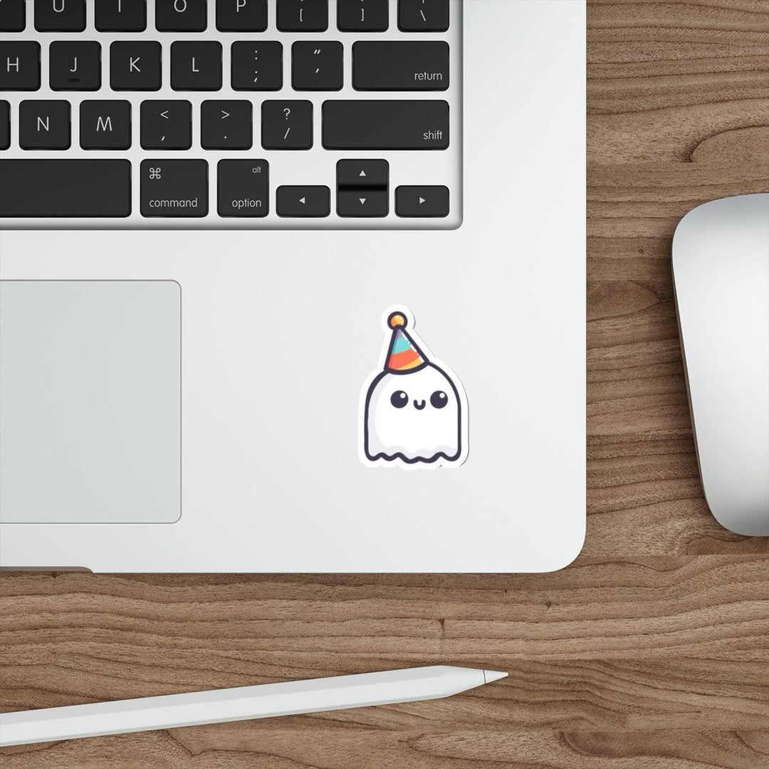 Adorable waterproof sticker featuring a cute ghost wearing a tiny party hat. Perfect for decorating laptops, water bottles, or planners with a touch of spooky fun - Baby Keo