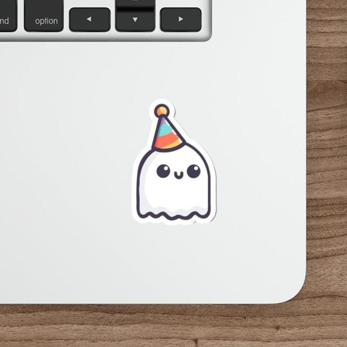 Adorable waterproof sticker featuring a cute ghost wearing a tiny party hat. Perfect for decorating laptops, water bottles, or planners with a touch of spooky fun -  KEOLIX 