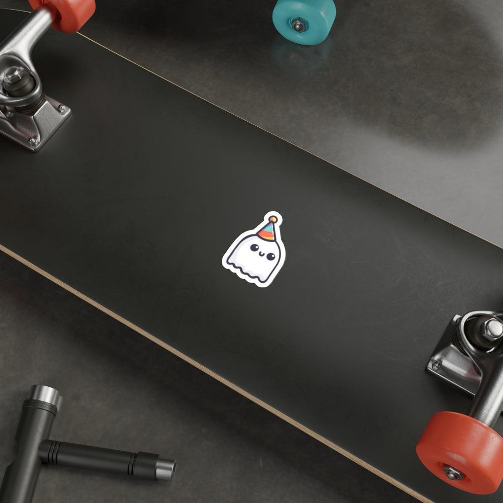 Adorable waterproof sticker featuring a cute ghost wearing a tiny party hat. Perfect for decorating laptops, water bottles, or planners with a touch of spooky fun - Baby Keo