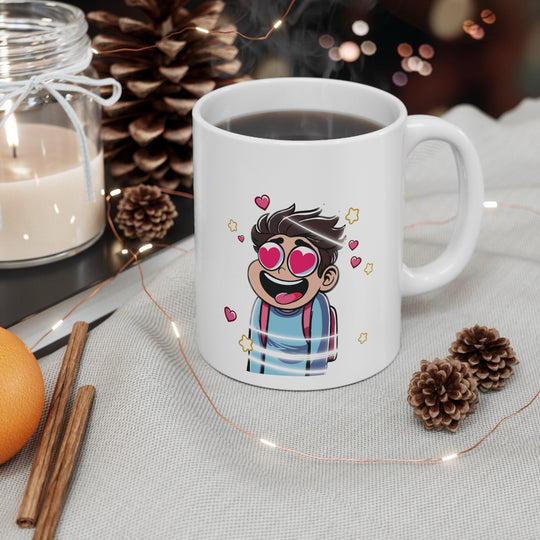 Fun and vibrant white ceramic mug showcasing a cartoon character with heart-shaped eyes and a dizzy expression, perfect for capturing that giddy feeling of love.