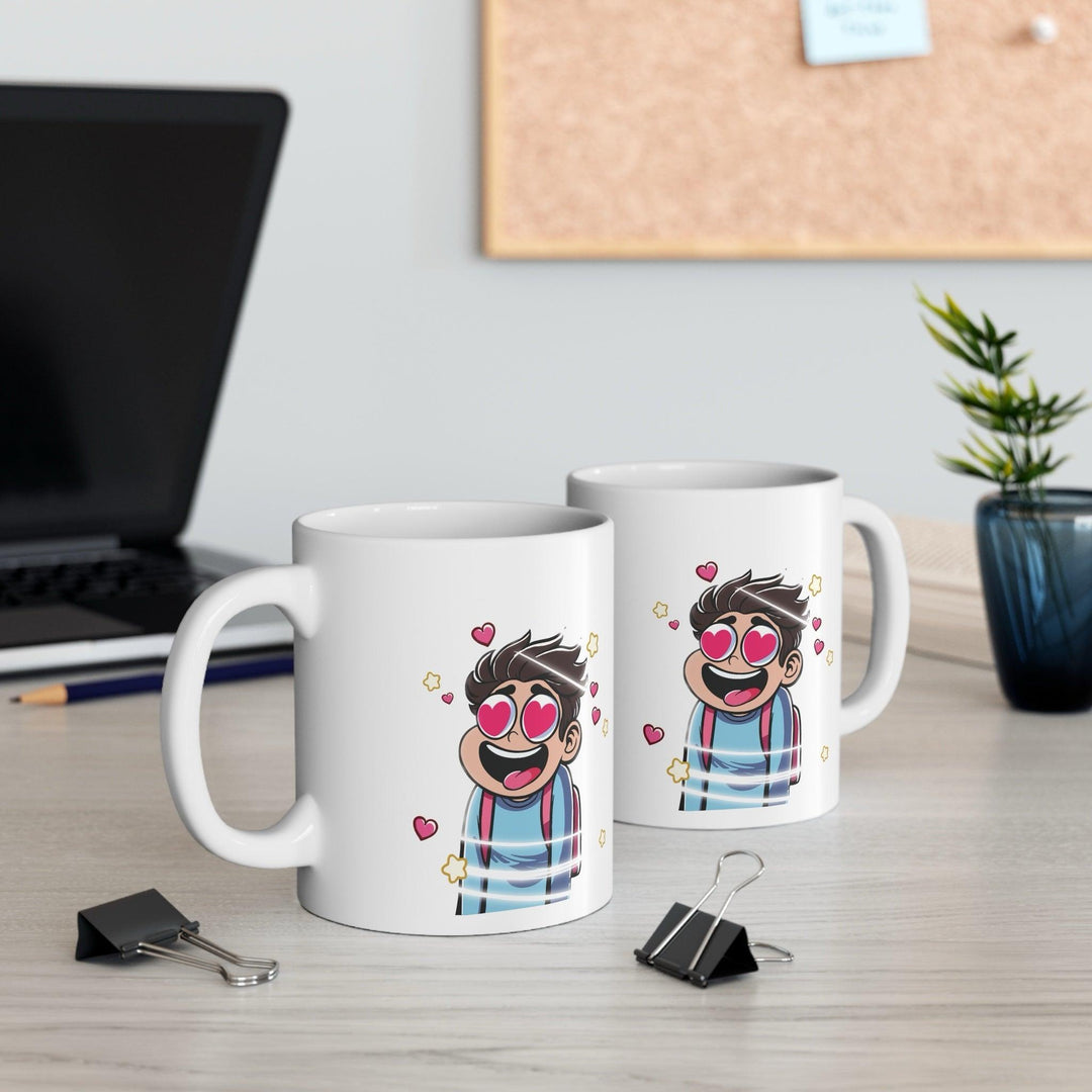 Fun and vibrant white ceramic mug showcasing a cartoon character with heart-shaped eyes and a dizzy expression, perfect for capturing that giddy feeling of love.