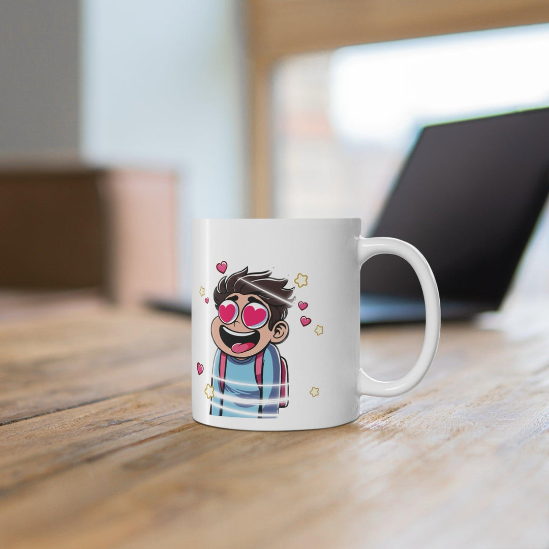 Fun and vibrant white ceramic mug showcasing a cartoon character with heart-shaped eyes and a dizzy expression, perfect for capturing that giddy feeling of love.