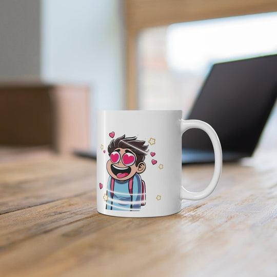 Fun and vibrant white ceramic mug showcasing a cartoon character with heart-shaped eyes and a dizzy expression, perfect for capturing that giddy feeling of love.