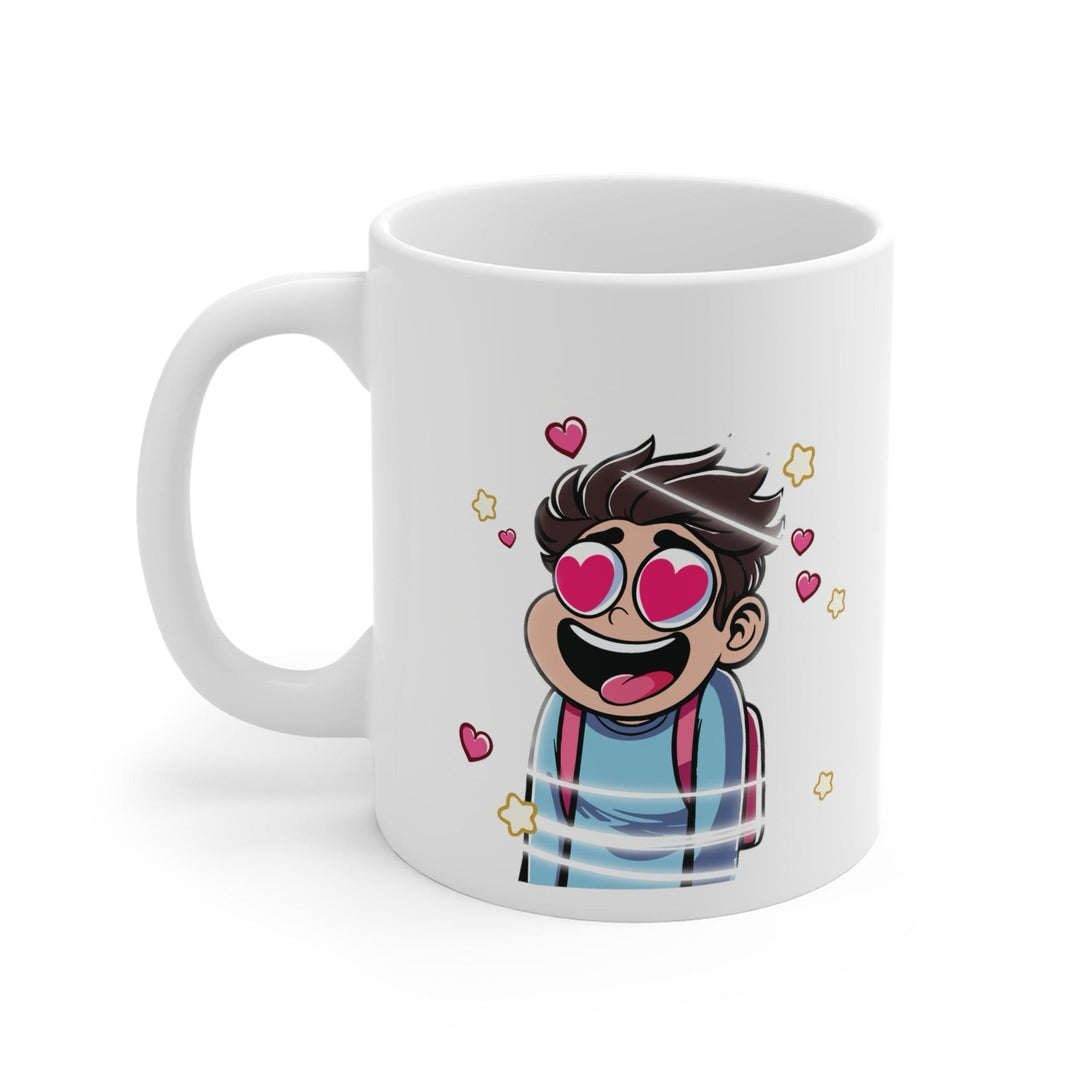 Fun and vibrant white ceramic mug showcasing a cartoon character with heart-shaped eyes and a dizzy expression, perfect for capturing that giddy feeling of love.