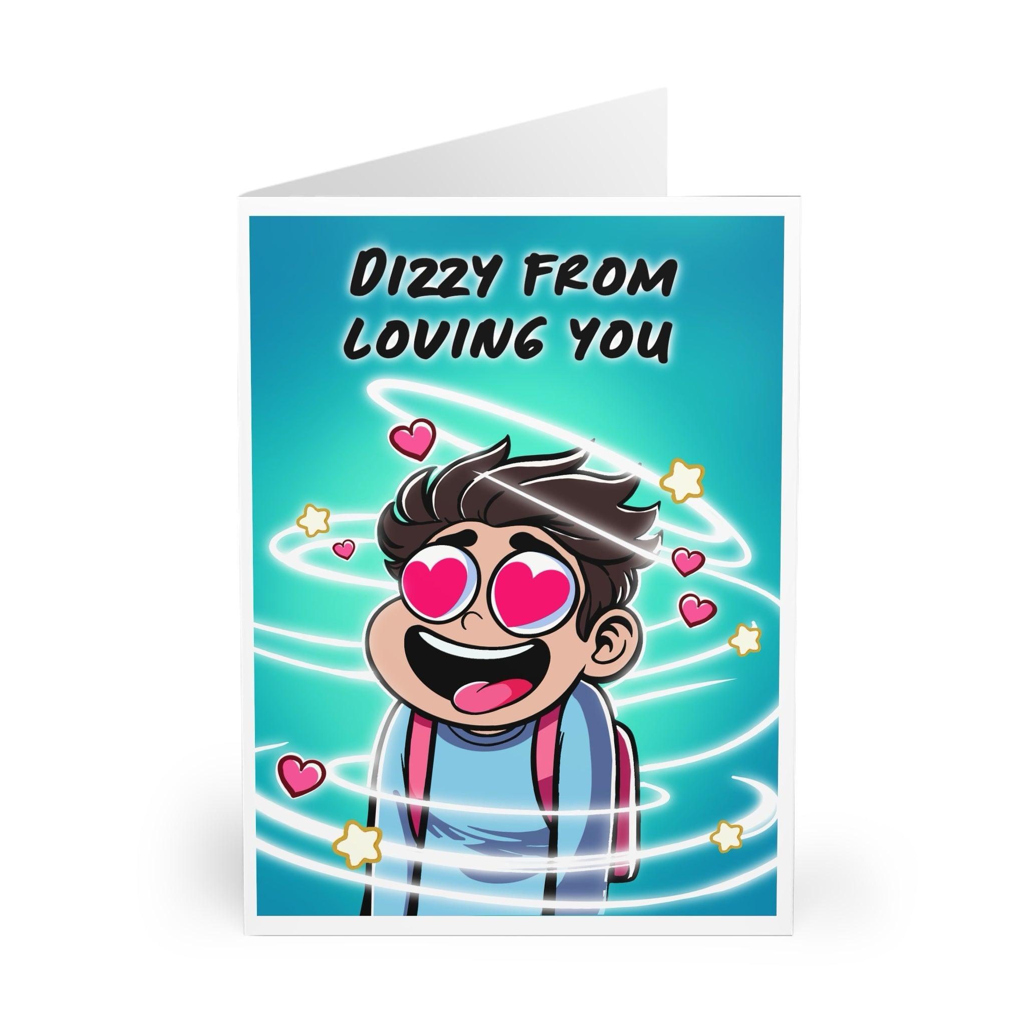 Colorful and playful greeting card featuring a love-struck character with heart-shaped eyes and the phrase 'Dizzy from Loving You.' Ideal for Valentine’s Day or romantic occasions - Baby Keo