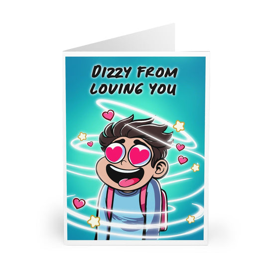 Colorful and playful greeting card featuring a love-struck character with heart-shaped eyes and the phrase &