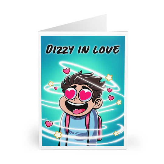 Fun romantic card featuring a dizzy character with spinning eyes and heart-shaped pupils with the phrase 'Dizzy in Love.' Perfect for expressing love in a playful and lighthearted way - Baby Keo