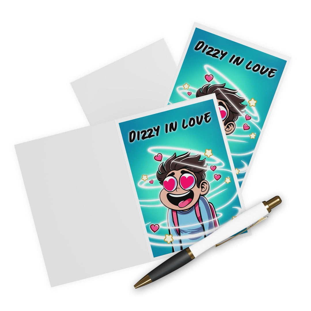 Fun romantic card featuring a dizzy character with spinning eyes and heart-shaped pupils with the phrase 'Dizzy in Love.' Perfect for expressing love in a playful and lighthearted way - Baby Keo