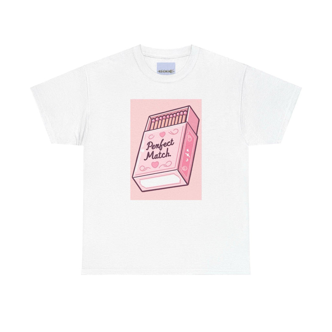 White T-shirt with a small illustration of a pink matchbox and the phrase 'Perfect Match.' A simple and charming design for those who appreciate subtle romantic gestures."
