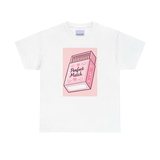 White T-shirt with a small illustration of a pink matchbox and the phrase 'Perfect Match.' A simple and charming design for those who appreciate subtle romantic gestures."