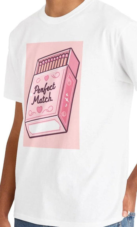 White T-shirt with a small illustration of a pink matchbox and the phrase 'Perfect Match.' A simple and charming design for those who appreciate subtle romantic gestures."