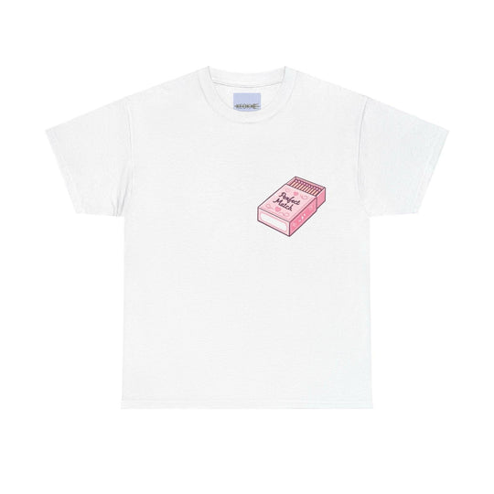 White T-shirt with a small illustration of a pink matchbox and the phrase 'Perfect Match.' A simple and charming design for those who appreciate subtle romantic gestures."