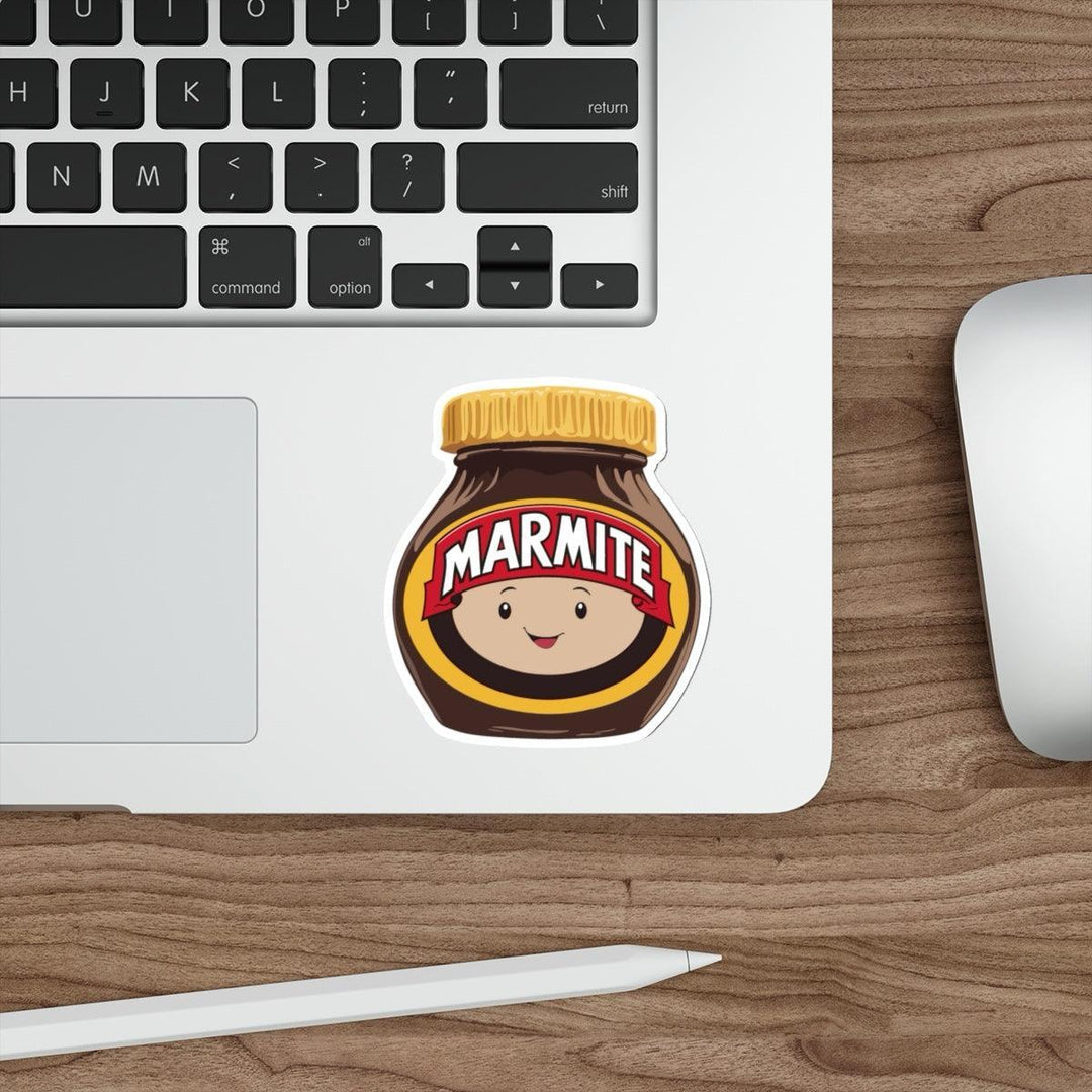Fun waterproof sticker featuring a smiling Marmite jar with a face. Ideal for fans of this iconic spread, perfect for laptops, notebooks, or water bottles - Baby Keo
