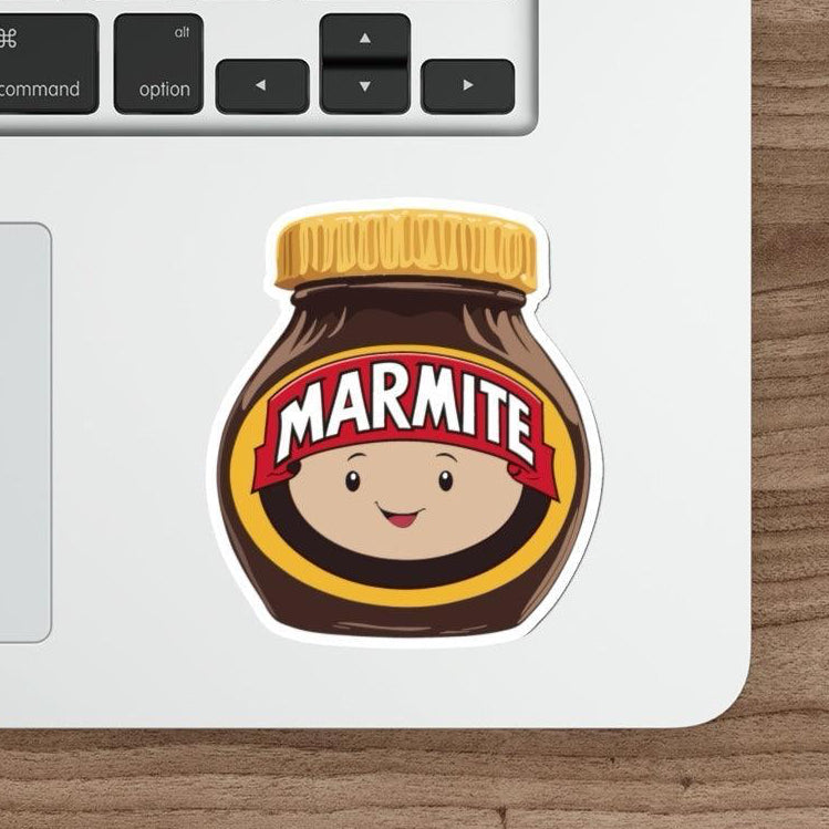 Fun waterproof sticker featuring a smiling Marmite jar with a face. Ideal for fans of this iconic spread, perfect for laptops, notebooks, or water bottles  KEOLIX 