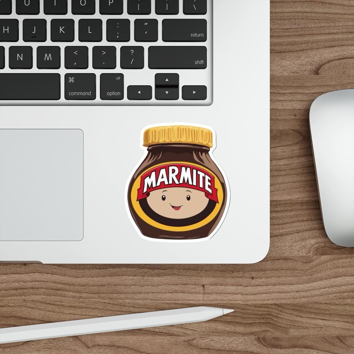 Fun waterproof sticker featuring a smiling Marmite jar with a face. Ideal for fans of this iconic spread, perfect for laptops, notebooks, or water bottles - Baby Keo