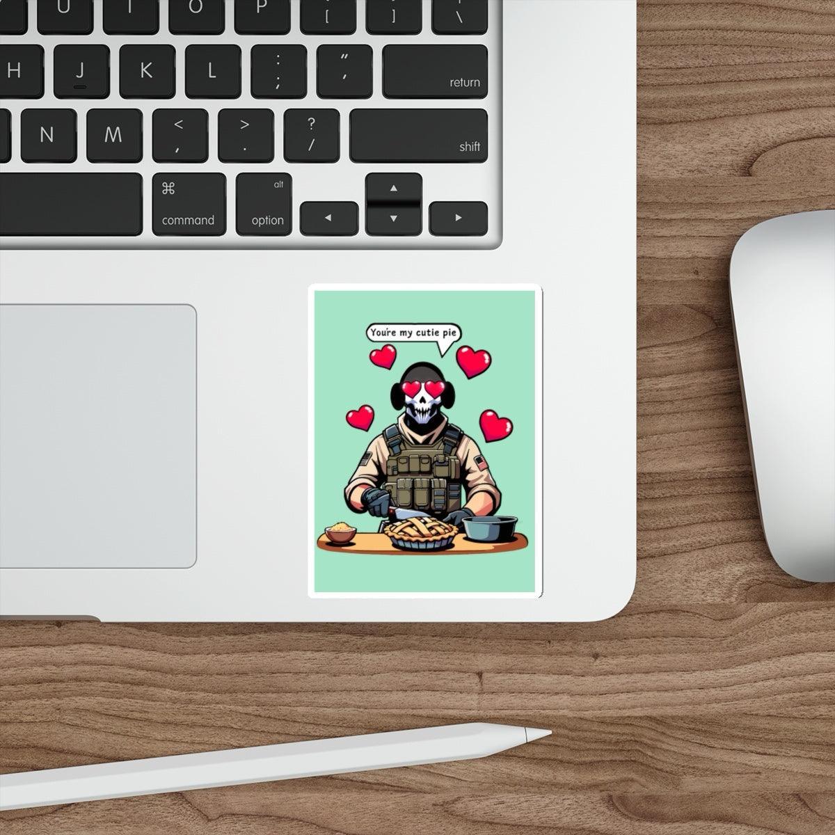 Sweet pie-themed waterproof sticker featuring a playful character, perfect for customizing notebooks or water bottles. KEOLIX 