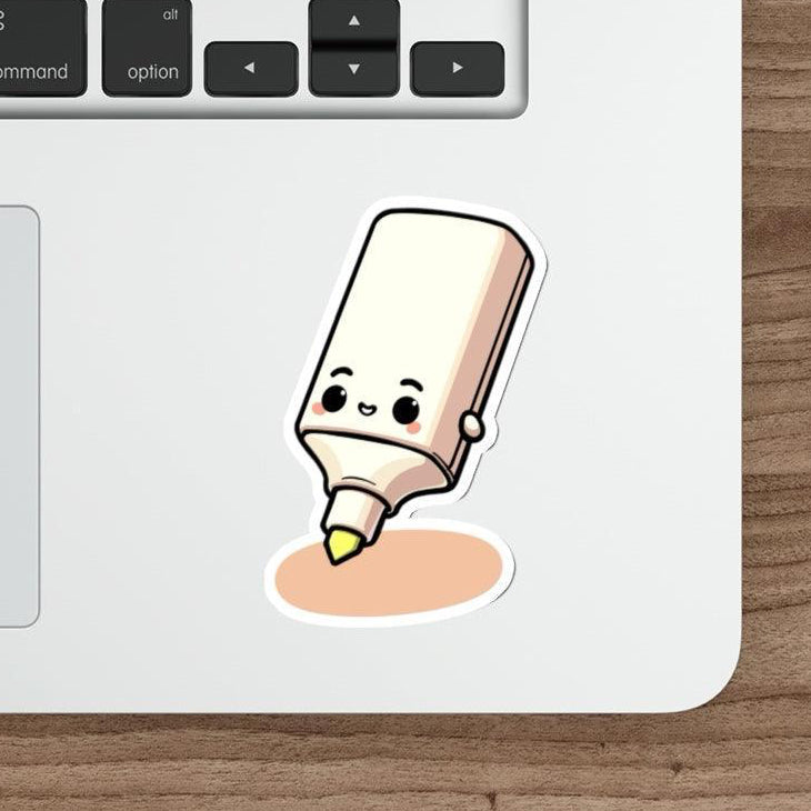 A fun waterproof sticker of a smiling highlighter pen, ideal for school supplies or stationery lovers who want a playful touch  KEOLIX 