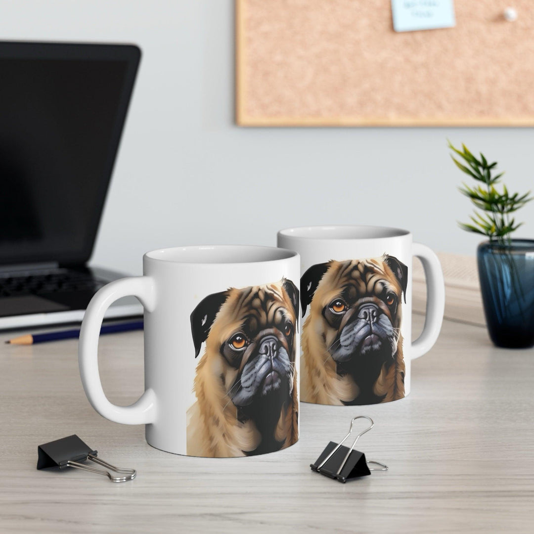 White ceramic mug featuring a detailed illustration of a cute pug, perfect for dog lovers who want to showcase their affection for the breed