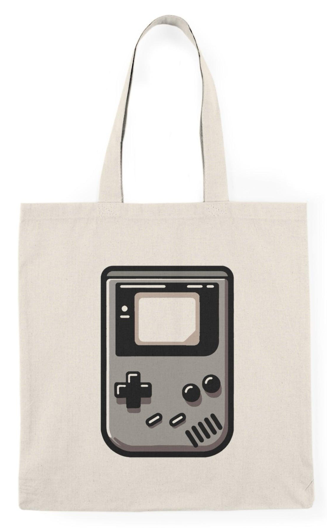Tote bag featuring a nostalgic design inspired by the classic Game Boy, complete with iconic buttons and a retro screen. The vibrant colors and playful graphics evoke a sense of fun and nostalgia, making it a perfect accessory for gamers and anyone who loves vintage video games." KEOLIX 

