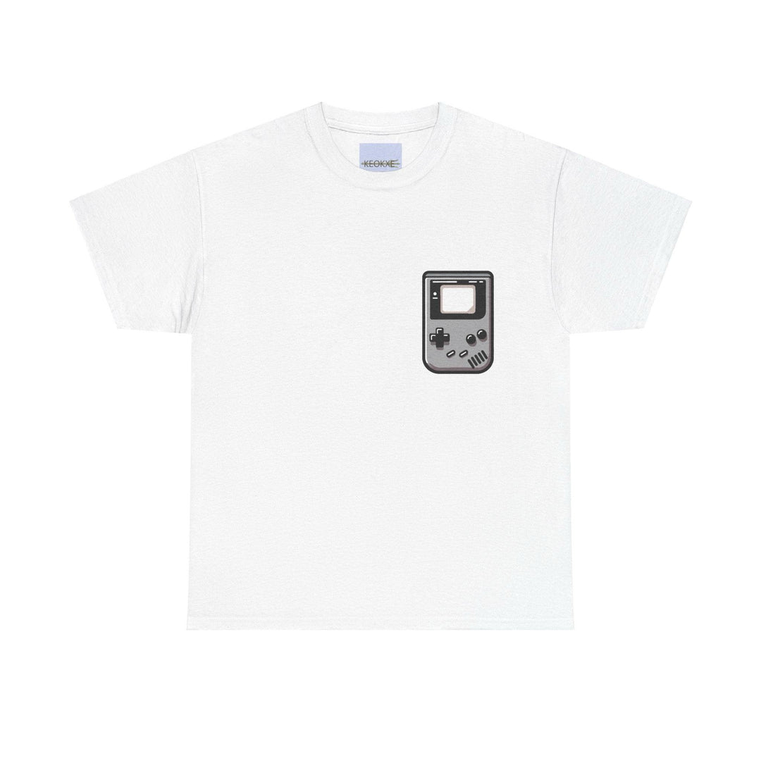 White T-shirt featuring a retro-style illustration of a classic Gameboy console. A nostalgic design for video game lovers and fans of vintage gaming consoles."